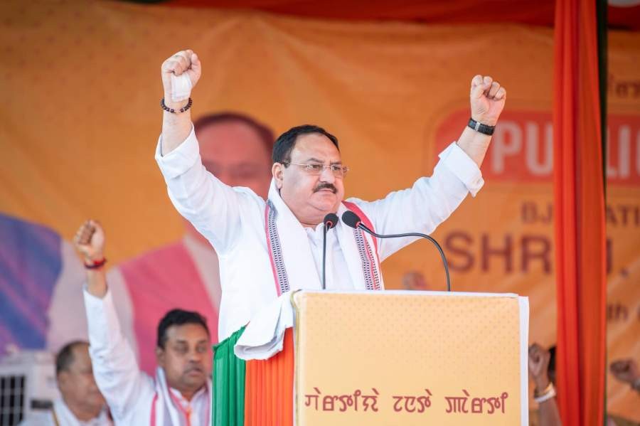 National BJP president JP Nadda addressing the public meeting held at Utlou in Bishnupur district, Manipur. (NNN Photo) 